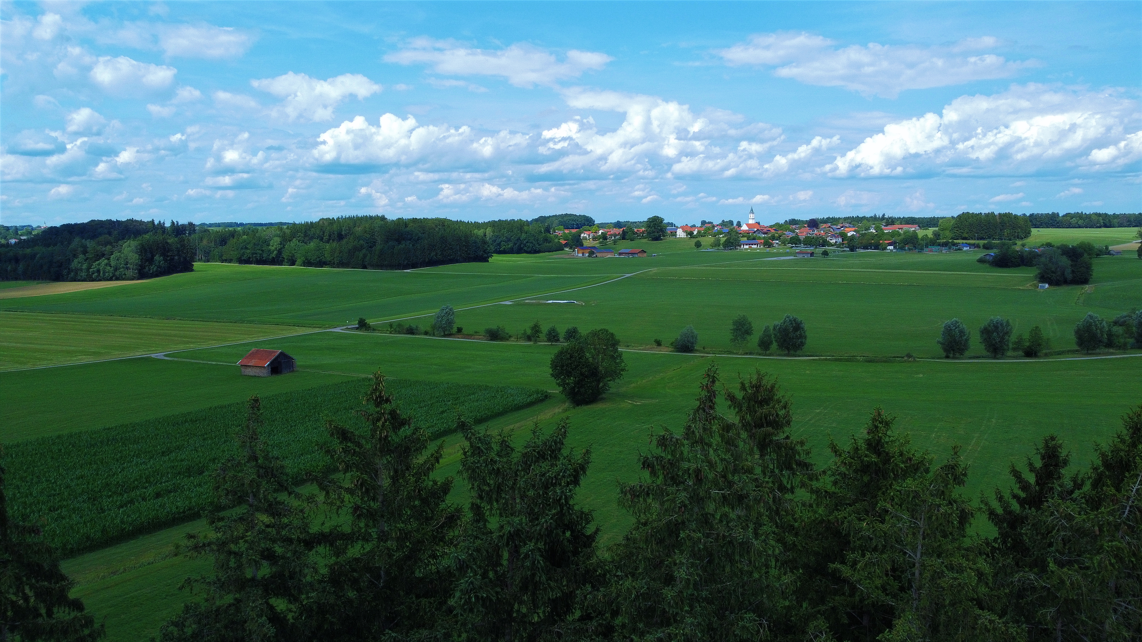 Landschaftsaufnahme im Voralpenland zur goldenen Stunde
